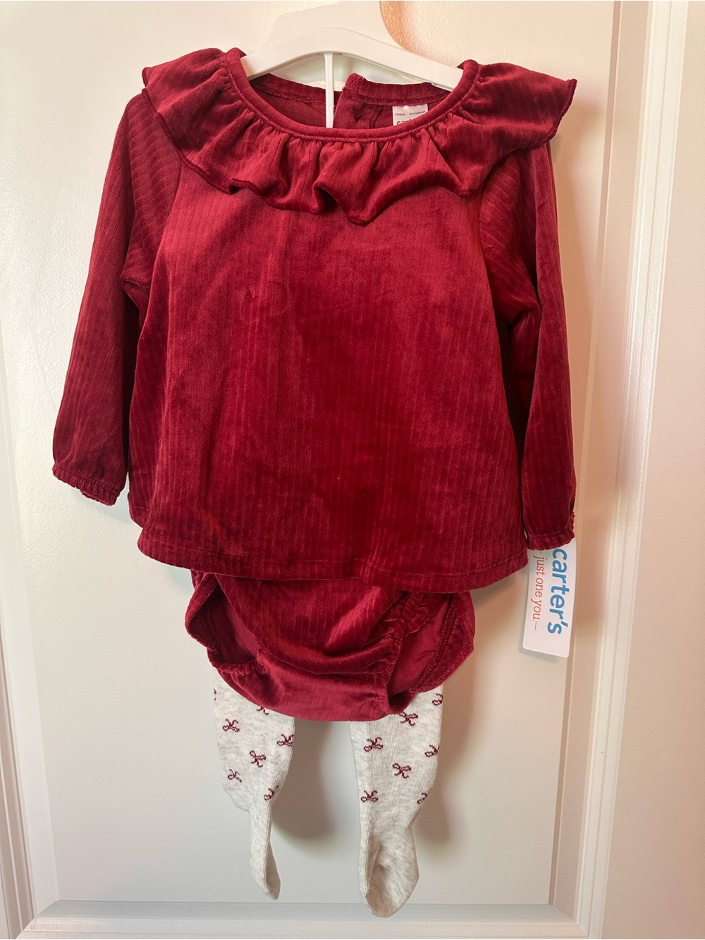 Carter's Deep Red Corduroy Ruffle Top & Bloomers with Printed Tights SET